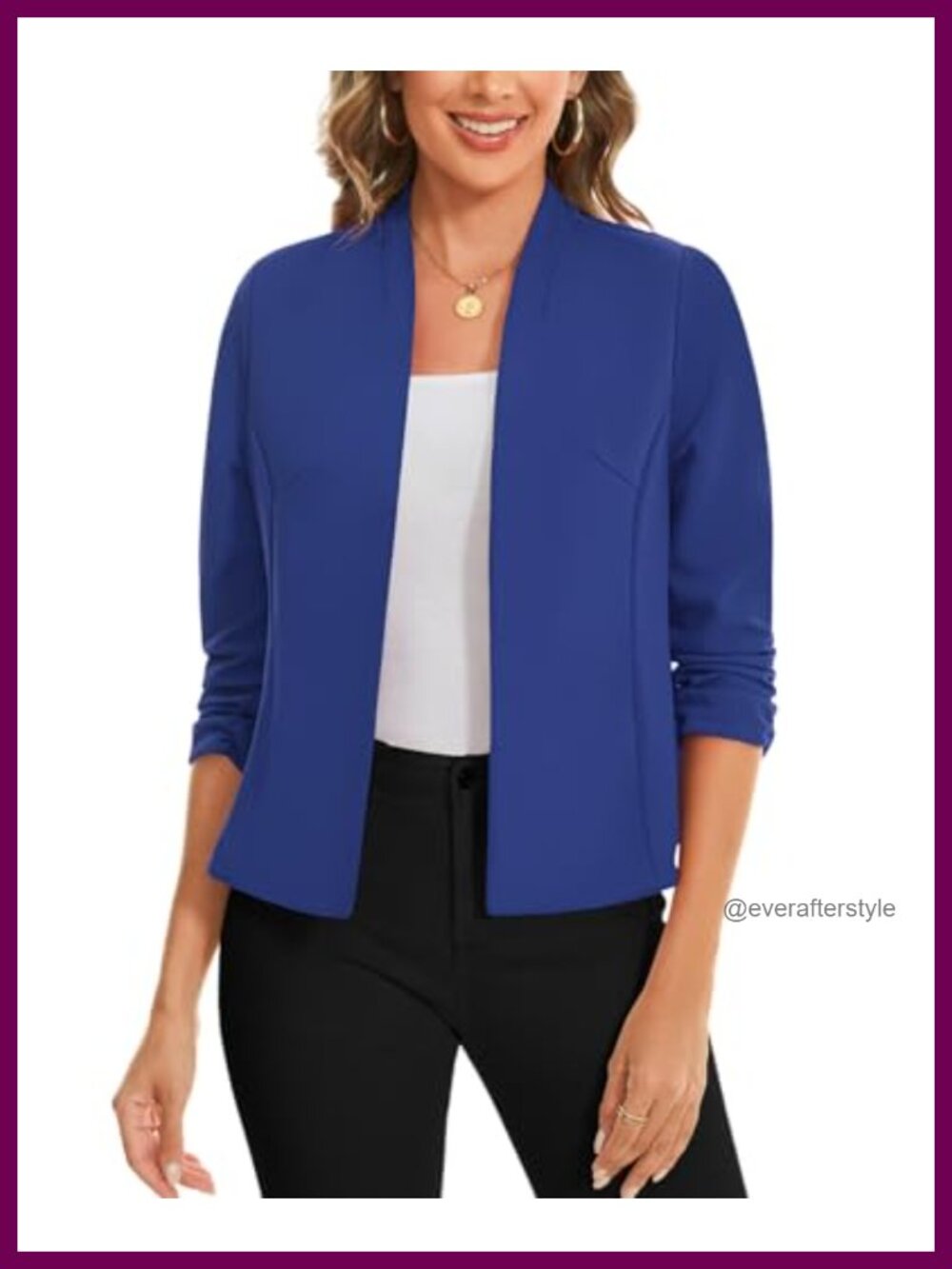 Women's 3/4 Sleeve Collarless Open Front Blazer Cropped Work Jacket
